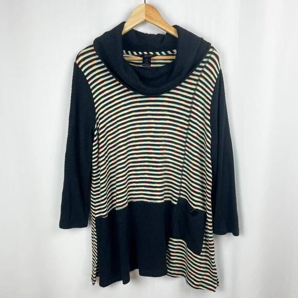 Ali Miles Tunic Sweater Size L Black Rainbow Multi Striped Cowl Neck Pullover - Picture 11 of 11